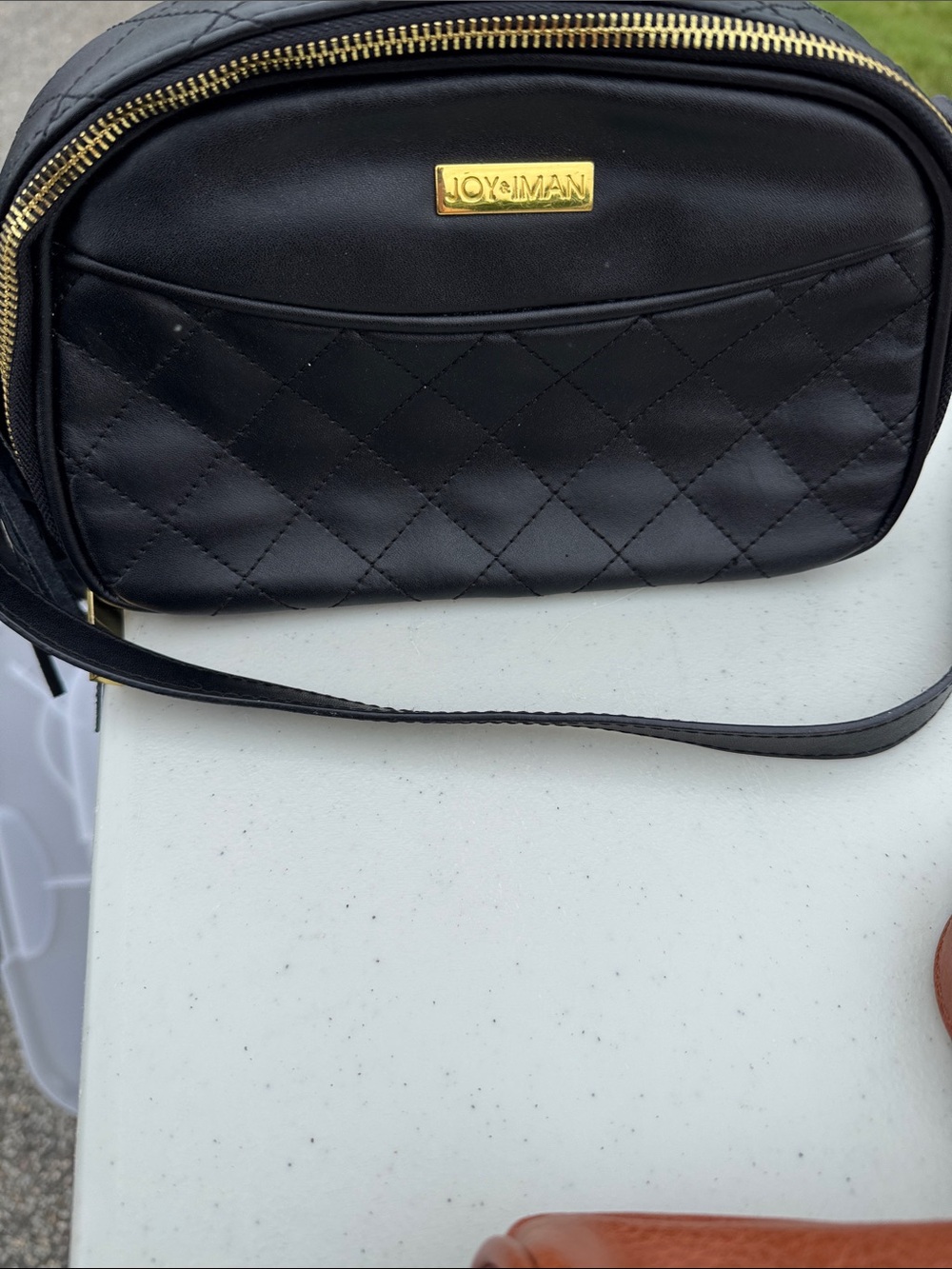 Joy & Iman Black Quilted Crossbody with Gold Logo